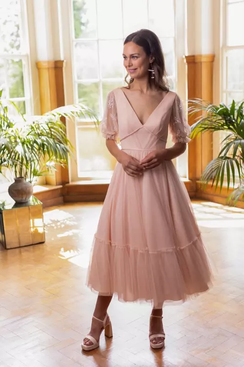 Tea length wedding guest dresses with sleeves store